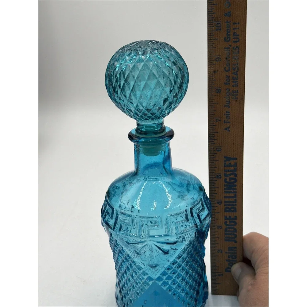 Vintage Blue Glass Genie Bottle Decanter W/Round Glass Stopper Made in Taiwan